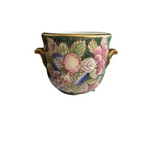 Andrea Sadek Decorative Vase/Planter Green w multi colored fruit gold trim